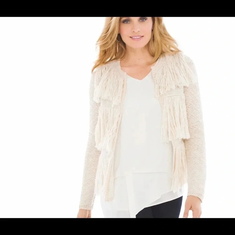 Chico’s Kyleigh Tweed Fringe Sweater Cardigan Tiered Front Size 2 Large